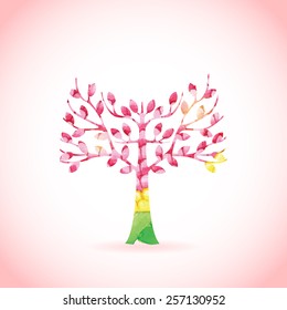 Watercolor colorful tree flower pattern card background. Hand drawn plant aqua color wet template on white. Vector isolated watercolor painting template with volume shadows and lights.