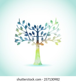 Watercolor colorful tree flower pattern card background. Hand drawn plant aqua color wet template on white. Vector isolated watercolor painting template with volume shadows and lights.