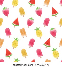 watercolor colorful tropical summer fruit sherbet Popsicle ice creme seamless pattern