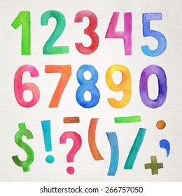 Watercolor colorful vector handwritten numbers and symbols