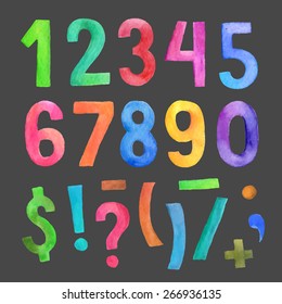 Watercolor colorful vector handwritten numbers and symbols