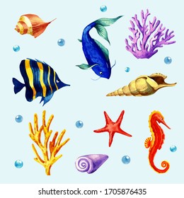 Watercolor colorful vector summer ocean set pattern with fishes, corals