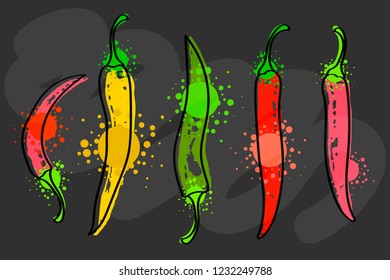 Watercolor colorful vegetables set red chili pepper, close-up isolated on black background. Hand painted on paper