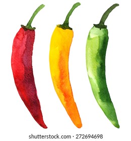 Watercolor colorful vegetables set red hot chili peppers, capsaicin closeup isolated on white background. Hand painting on paper