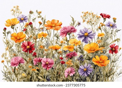 Watercolor colorful wildflowers background. Realistic Floral Illustrations. Greetings, Wallpaper, Fashion, Cards