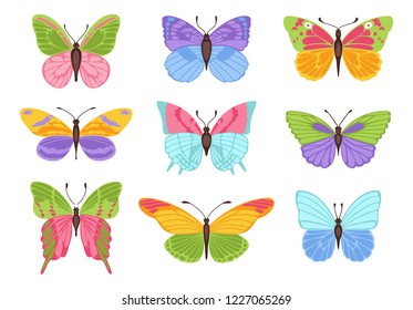 Watercolor colors butterflies isolated on white background. Pretty vector butterfly set with spring palette for child.