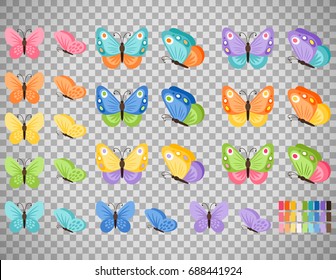 Watercolor colors butterflies isolated on transparent background. Pretty vector butterfly set with spring palette for child