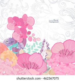 Watercolor colors flower background. Spring nature design with floral branches. Abstract illustration vector card.