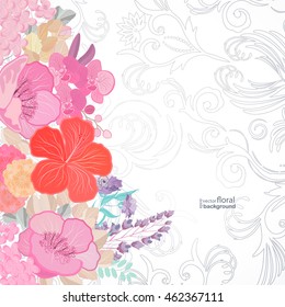 Watercolor colors flower background. Spring nature design with floral branches. Abstract illustration vector card.