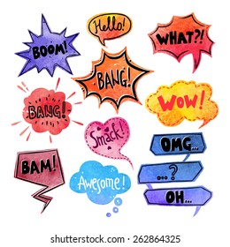 Watercolor comics speech bubble with expressions stickers set isolated vector illustration