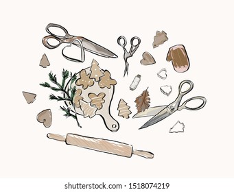 Watercolor composition with Cookies in the shape of a Christmas tree, mittens , iron baking dishes, wooden rolling pin, Spruce branch and  scissors. 