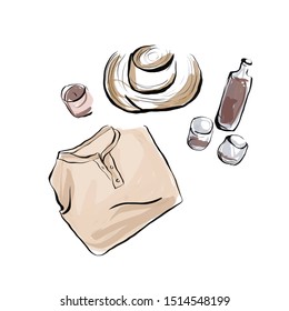 watercolor composition with folded sweater, hat, candle, bottle of wine and glasses.  Autumn picnic set. 