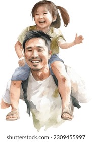 Watercolor composition of happy Asian father piggybacking his pretty little daughter