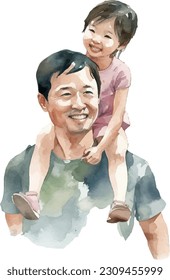 Watercolor composition of happy Asian father piggybacking his pretty little daughter