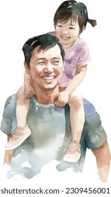 Watercolor composition of happy Asian father piggybacking his pretty little daughter