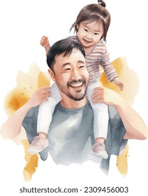 Watercolor composition of happy Asian father piggybacking his pretty little daughter