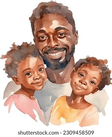 Watercolor composition of happy young african american father with his pretty little daughters