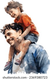 Watercolor composition of happy young father piggybacking his child