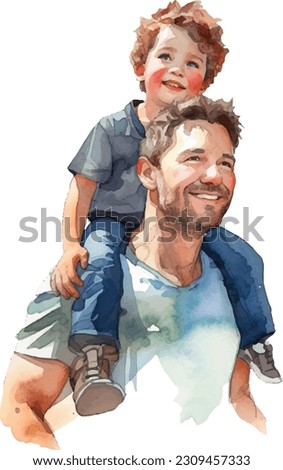 Watercolor composition of happy young father piggybacking his son 