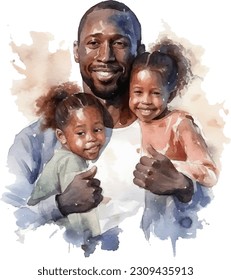 Watercolor composition of loving and caring joyful african american daddy with his daughters