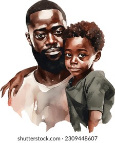 Watercolor composition of loving and caring  joyful african american daddy and kid together