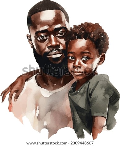 Watercolor composition of loving and caring  joyful african american daddy and kid together