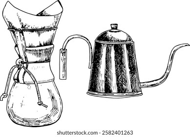 Watercolor composition of metal kettle and pour over (v60) with brewed coffee on white background. Can be used on fabrics and paper products and other