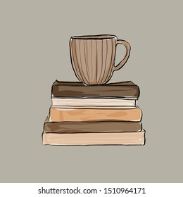 Watercolor composition stack of books and mug. Hand drawn vector illustration. 