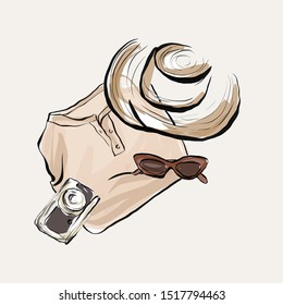 watercolor composition sunglasses, camera, hat and folded blazer