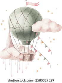 Watercolor composition with vector cartoon hot air balloon and clouds.