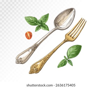 Watercolor composition of vintage fork, spoon with basil and tomato, perfect for culinary and kitchen-themed illustrations. Vector illustration