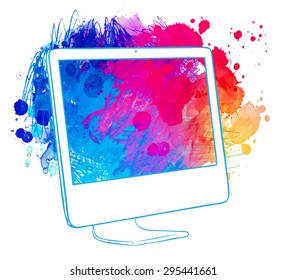 Watercolor computer. Hand drawn vector illustration. - Shutterstock ID 295441661