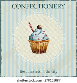 Watercolor confectionery advertisement template with cupcake illustration and typographic in retro style