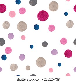 Watercolor Confetti Dots Pattern. Seamless Texture With Pink, Blue, Purple And Silver Dots On White Background. Hand Drawn Abstract Baby Wallpaper In Vector