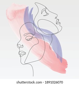 Watercolor Continuous line, drawing of set faces and hairstyle, fashion concept, woman beauty minimalist, vector illustration pretty sexy.