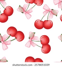 Watercolor coquette cherry bows seamless repeat pattern