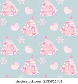 watercolor Coquette Christmas tree wallpaper seamless pattern with Ribbon Bow Pastel isolated on background