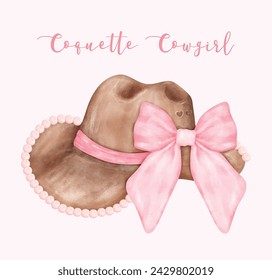 Watercolor Coquette Cowgirl Hat with pink ribbon bow. Feminine cowboy hat Whimsical Illustration