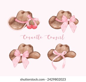 Watercolor Coquette Cowgirl Hat with pink ribbon bow collection. Feminine cowboy hat Whimsical Illustration.