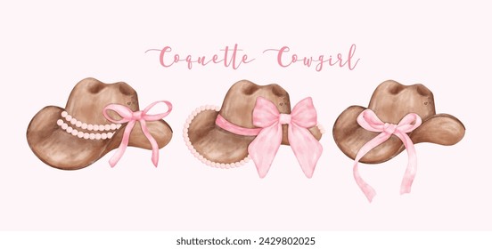 Watercolor Coquette Cowgirl Hat with pink ribbon bow collection. Feminine cowboy hat Whimsical Illustration banner.