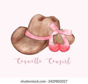 Watercolor Coquette Cowgirl Hat with pink bow. Feminine  Whimsical Illustration