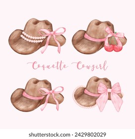 Watercolor Coquette Cowgirl Hat with pink ribbon bow collection.  Feminine cowboy hat Whimsical Illustration