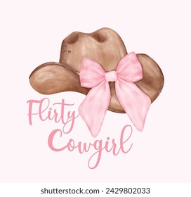 Watercolor Coquette Cowgirl Hat with pink bow. Feminine  Whimsical Illustration