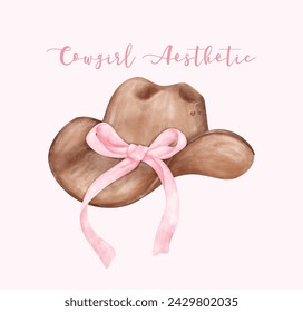 Watercolor Coquette Cowgirl Hat with pink ribbon bow. Feminine  Whimsical Illustration