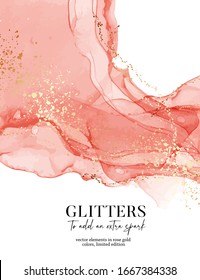 Watercolor coral  gold luxury design. Contemporary alcohol ink texture marco template. Modern liquid flow vector: pink, salmon color.