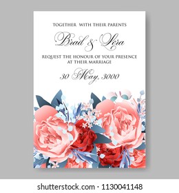 Watercolor coral pink red Peony wedding invitation vector template bridal shower card baby party invite printable floral background wreath pattern