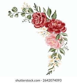 Watercolor Corner Bouquet: Burgundy and Blush Roses with Greenery