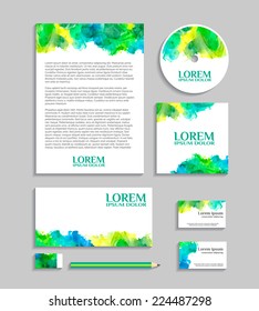 Watercolor corporate identity template with sketch elements. Vector company style for brand book and guideline.