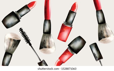 Watercolor cosmetic products vector. Red lipstick, brushes mascara