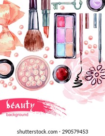 Watercolor  cosmetics background  with  cosmetic bag and  make up artist objects: lipstick, eye shadows, eyeliner, powder, brush   nail polish. Vector illustration.